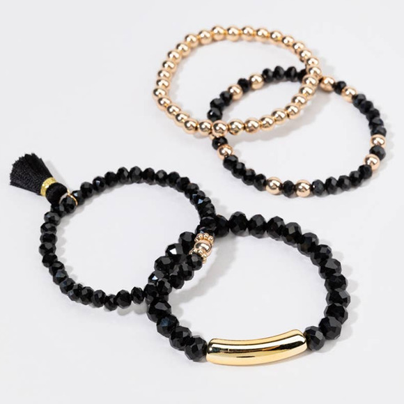 Francesca's Glass Beaded Tassel Bracelet Set Black Gold - Picture 4 of 6